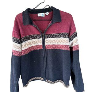 Paul Harris Design Fair Isle Zip Cardigan Sweater Navy Mauve Vintage 90s Size L